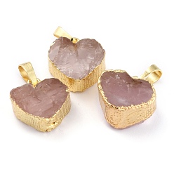 Розовый Кварц Природного розового кварца подвески, с фурнитурой позолоченной латунной, сердце, 18.5~19x17~17.5x8~8.5 мм, отверстие : 7.8x5 мм