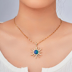 Солнце Женские подвески из латуни с блестящими прозрачными кубическими цирконами и синей эмалью, золотые, солнце, 15.75 дюйм (40 см)