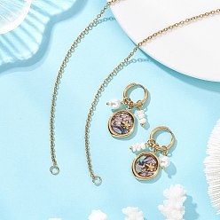 Плоский Круглый Подвеска из раковины морского ушка и серьги-кольца с жемчугом из раковины и натуральным пресноводным жемчугом., 304 комплект украшений из нержавеющей стали для женщин, золотые, плоско-круглые, 433 мм