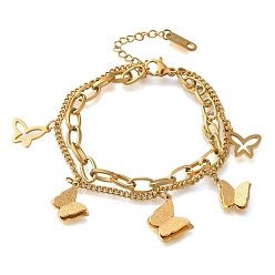 Настоящее золото 18K Ионное покрытие (ip) 304 многожильные браслеты из нержавеющей стали, браслеты с подвесками в виде бабочки из сплава для женщин, реальный 18 k позолоченный, 6-1/2 дюйм (16.5 см)