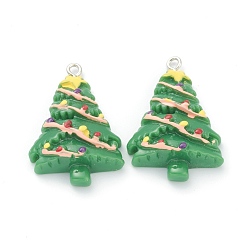 Sea Green Resin Pendants, for Christmas Festival, with Platinum Iron Peg Bail, Christmas Tree, Sea Green, 33x23x8mm, Hole: 2mm
