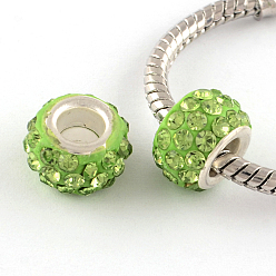Peridot Polymer Clay Rhinestone European Large Hole Beads with Silver Color Plated Brass Cores, Rondelle, Peridot, 11~12x7~7.5mm, Hole: 5mm