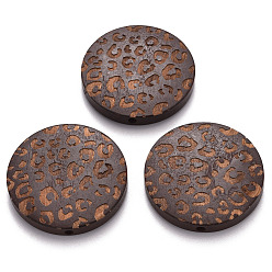Кокосово-Коричневый Расписные бусы из натурального дерева, лазерная гравировка, плоские круглые с леопардовым принтом, кокосового коричневый, 30x5 мм, отверстие : 1.6 мм