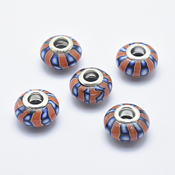 Schokolade Handgemachte  europäischen Fimo-Perlen, mit versilberten Messingkernen, Großloch perlen, Rondell, Schokolade, 13~16x8~11 mm, Bohrung: 4.5~5 mm