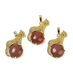 Камень с Пылевым Золотом Синтетический авантюриновый шар с латунными подвесками в форме леопарда, стойки покрытие, без кадмия и без свинца, долговечный, 35x22x6.5 мм, отверстие : 7x3.5 мм