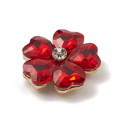 Red Alloy Cabochons, with Glass Rhinestone, Ligh Gold, Flower, Red, 19x19x5.5mm