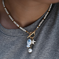 Белый Ожерелья из богемского фарфора с подвесками в виде рыбок и искусственных жемчужин, круглые и морские звезды, латунные застежки ot ожерелья из стеклянных бусин для женщин, золотые, белые, 15.75 дюйм (40 см)