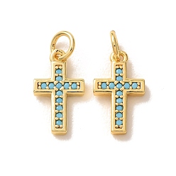 Real 18K Gold Plated Brass Micro Pave Sky Blue Cubic Zirconia Charms, Cross Charms, Real 18K Gold Plated, 14.5x8x1.5mm, Hole: 3.5mm