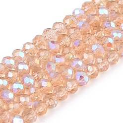 Персиковый Слойка Стеклянные бусины с гальваническим покрытием , с половиным покрытием цвета радуги, граненые, рондель, розовые, 3.5~3.8x3 мм, отверстие : 0.4 мм, около 105~110 шт / нитка, 29~31 см