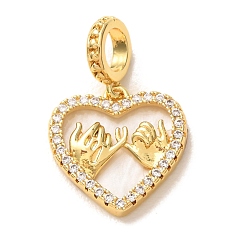 Chapado en Oro Real 18K Dije colgante europeo de latón con micro pavé de circonitas cúbicas transparentes, Grandes colgantes agujero, corazón con promesa meñique, con cáscara natural, real 18 k chapado en oro, 23 mm, agujero: 4.5 mm