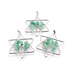 Green Aventurine Natural Green Aventurine Pendants, with Brass Findings, Star, Platinum, 52x43x5~6mm, Hole: 5x8mm