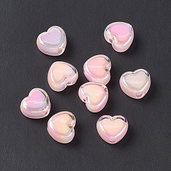 Pink UV Plating Rainbow Iridescent Acrylic Beads, Two Tone, Heart, Pink, 13x15x8mm, Hole: 3.6mm