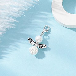 Античный Серебристый & Платиновый 50шт. акриловые искусственные жемчужины и стеклянные жемчужины подвесные украшения в виде ангела, с крыльями из сплава и застежками-клешнями, белые, старинное серебро и платина, 37 мм, Кулон : 27x22x10 мм