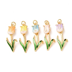 Color mezclado Colgantes de latón con esmalte, encantos de tulipanes, chapado en rack, larga duración plateado, sin plomo y el cadmio, real 18 k chapado en oro, color mezclado, 32x12x6 mm, agujero: 3 mm
