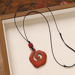 Цветок Деревянная подвеска, черный вощеный шнур, длинные цепочки для женщин, цветок, 31.50 дюйм (80 см), Кулон : 70x45 мм