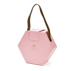 Pink Valentine's Day Hexagon Cardboard Gift Boxes, with PU Imitation Leather Handles, Pink, 28.5cm, Bag: 16.5x18.5x8cm