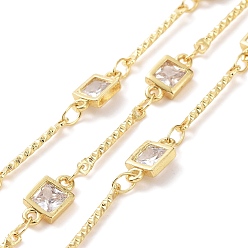 Real 18K Gold Plated Brass Bar & Squarel Link Chains, with Clear Cubic Zirconia, Lead Free & Cadmium Free, Soldered, with Spool, Real 18K Gold Plated, 15x1x1.5mm, 10x5x2mm
