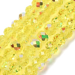 Желтый Гальванизируйте прозрачное стекло бисер нитей, рондель, с покрытием AB цвета, с половиным покрытием, граненые, желтые, 8x6 мм, отверстие : 1.2 мм, около 78~80 шт / нитка, 6.89~19.02'' (47.5~48.3 см)