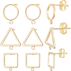 Настоящее золото 18K 24шт. 3 фурнитура для сережек-гвоздиков из латуни в форме квадрата, треугольника и кольца, с горизонтальными петлями и фрикционными гайками 24шт., реальный 18 k позолоченный, 12~12.5x10~12x1~2 мм, отверстие : 1~1.4 мм, штифты : 0.7~0.8 мм, 8 шт / стиль
