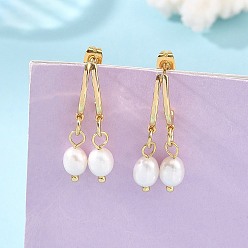 Oro Pendientes de perlas cultivadas naturales de agua dulce, pendientes de latón para mujer, dorado, 30x12 mm