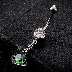 Dunkelgrün Piercing-Schmuck, Messing Zirkonia Nabel Ring, Bauchringe, mit 304 Edelstahlleiste, cadmiumfrei und bleifrei, Planet, Platin Farbe, dunkelgrün, 39x12 mm, Stange: 15 Spurweite(1.5mm), Stangenlänge: 3/8"(10mm)