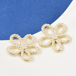 Настоящее золото 18K Серьги-гвоздики из искусственного жемчуга с цветком из латуни и АБС-пластика, долговечный, без кадмия и без свинца, стойки покрытие, реальный 18 k позолоченный, 29x29.5 мм