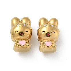 Бледно-Розовый Ионное покрытие (ip) 304 шарики из нержавеющей стали, с эмалью, реальный 18 k позолоченный, кролик, розовый жемчуг, 17.5x11x10 мм, отверстие : 3 мм