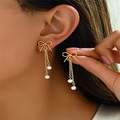 Золотой Серьги-гвоздики с бантом из латуни и пластика с имитацией жемчуга, золотые, 45x20 мм