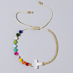 Смешанные камни Винтажные богемные браслеты из ракушек и бусин из смешанных камней, украшенные крестами., регулируемые браслеты шнур, 11.02 дюйм (28 см)