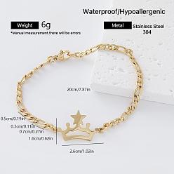 Crown 304 Stainless Steel Link Bracelets for Women, Golden, Crown, 7.87 inch(20cm)