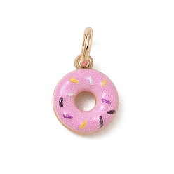 Pink Spray Painted Brass Charms, Donut Charms, Golden, Pink, 12x10x3.5mm, Hole: 3.8mm