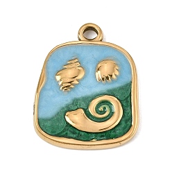 Deep Sky Blue 303 Stainless Steel Enamel Pendants, Rectangle with Conch Shape Charms, Ion Plating(IP), Golden, Deep Sky Blue, 26x20.5x2.5mm, Hole: 2.5mm