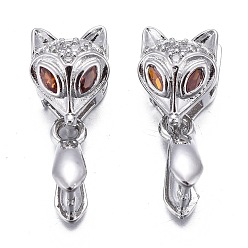 Платина Латунь микро проложить кубический цирконий, долговечный, морда лисы, темно-оранжевый, платина, 19x7.5x6.5 мм, отверстие : 2x4 мм, штифты : 0.7 мм