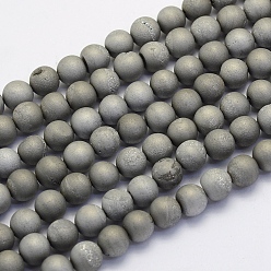 Platinum Plated Electroplate Natural Druzy Agate Beads Strands, Round, Frosted, Platinum Plated, 8mm, Hole: 1mm, about 45~48pcs/strand, 14.9 inch(38cm)