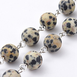 Dalmatian Jasper Handmade Natural Dalmatian Jasper Round Beaded Chains, Unwelded, with Platinum Plated Iron Eye Pins, 39.37 inch(100cm), Beads: 8~8.5mm, 1m/strand