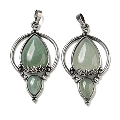 Aventurina Verde Colgantes naturales aventurina verde, dijes en forma de lágrima de latón chapado en estante, plata antigua, sin plomo y cadmio, 49.5x28x7 mm, agujero: 8x5 mm
