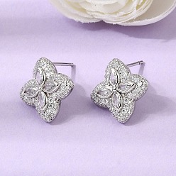 Clair Micro cuivres ouvrent zircone cubique boucles d'oreille, boucles d'oreilles pavées, fleur, sans plomb et sans cadmium, crémaillère plaquage, plaqué longue durée, platine, clair, 15.5x15.5mm