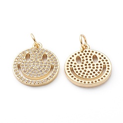 Real 18K Gold Plated Brass Micro Pave Clear Cubic Zirconia Pendants, Long-Lasting Plated, Flat Round with Smile Face, Real 18K Gold Plated, 17x14.5x1.5mm