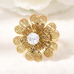 Золотой 201 Регулируемые кольца-манжеты из нержавеющей стали с одинарным кубическим цирконием для женщин, цветок, золотые, 24x24 мм, внутренний диаметр: 18 мм