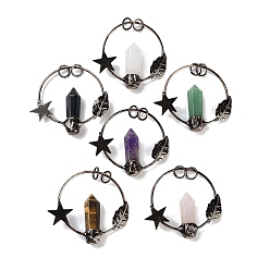 Смешанные камни Большие подвески с ограненными заостренными пулями из натурального смешанного камня, подвески из латуни со звездой, луной и прыгающими кольцами, Красная медь, 47~49x52.5x9.5~10 мм, отверстие : 6.6 мм