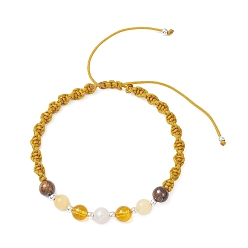 (932FM) Темно-синий аква-матовый с подкладкой Женские плетеные браслеты из круглых бусин с натуральным тигровым глазом, белым лунным камнем, желтым нефритом и синтетическим цитрином, с нейлоновой нитью, темно-золотистые, внутренний диаметр: 2-1/8~3-3/4 дюйм (5.35~9.4 см)