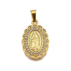 Oval 304 подвески из нержавеющей стали, со стразами, религиозная тема, вакуумное покрытие pvd, очарование леди Гваделупской, золотые, овальные, 27x18x3 мм, отверстие : 3.5x7 мм