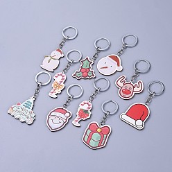 Mixed Color Printed Basswood Keychain, with Alloy Keychain Findings, Mixed Shapes, Platinum, Mixed Color, 87~105mm