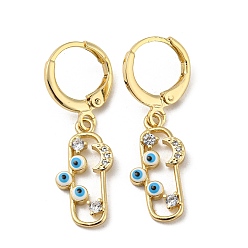 White Golden Brass Dangle Leverback Earrings, with Enamel and Cubic Zirconia, Evil Eye & Moon, White, 31.5x9mm