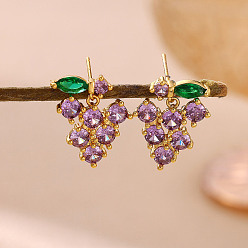 Real 18K Gold Plated Brass Pave Cubic Zirconia Stud Dangle Earrings, Grape, Real 18K Gold Plated, 19.5x15mm
