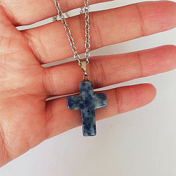 (306FM) Жонкиль матовый с лаймовой подкладкой Ожерелье с подвеской-крестом из натуральной голубой яшмы, ожерелья из сплава для женщин, платина, 20.47 дюйм (52 см)