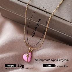 Pink Vintage Retro 304 Stainless Steel Enamel Bowknot Heart Pendant Necklaces for Women, Golden, Pink, 15.75 inch(40cm)