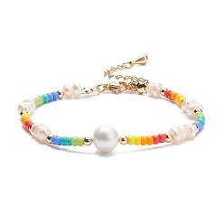 Colorful Shell Pearl & Glass Seed Beaded Bracelet with Brass Tiny Teardrop Charm for Women, Colorful, 7-3/8 inch(18.7cm)