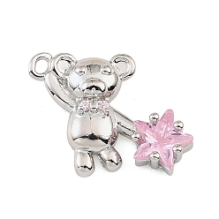 Platinum Brass Micro Pave Pink Cubic Zirconia Pendants, Bear & Star Charms, Rack Plating, Long-Lasting Plated, Cadmium Free & Lead Free, Platinum, 15x20x4.5mm, Hole: 1.2mm