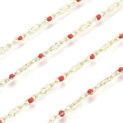 Red Brass Oval Link Chains, with Enamel & Spool, Unwelded, Long-Lasting Plated, Real 18K Gold Plated, Red, Oval link: 5.5x2x0.5mm and 2.8x1.8x0.5mm, about 32.8 Feet(10m)/roll